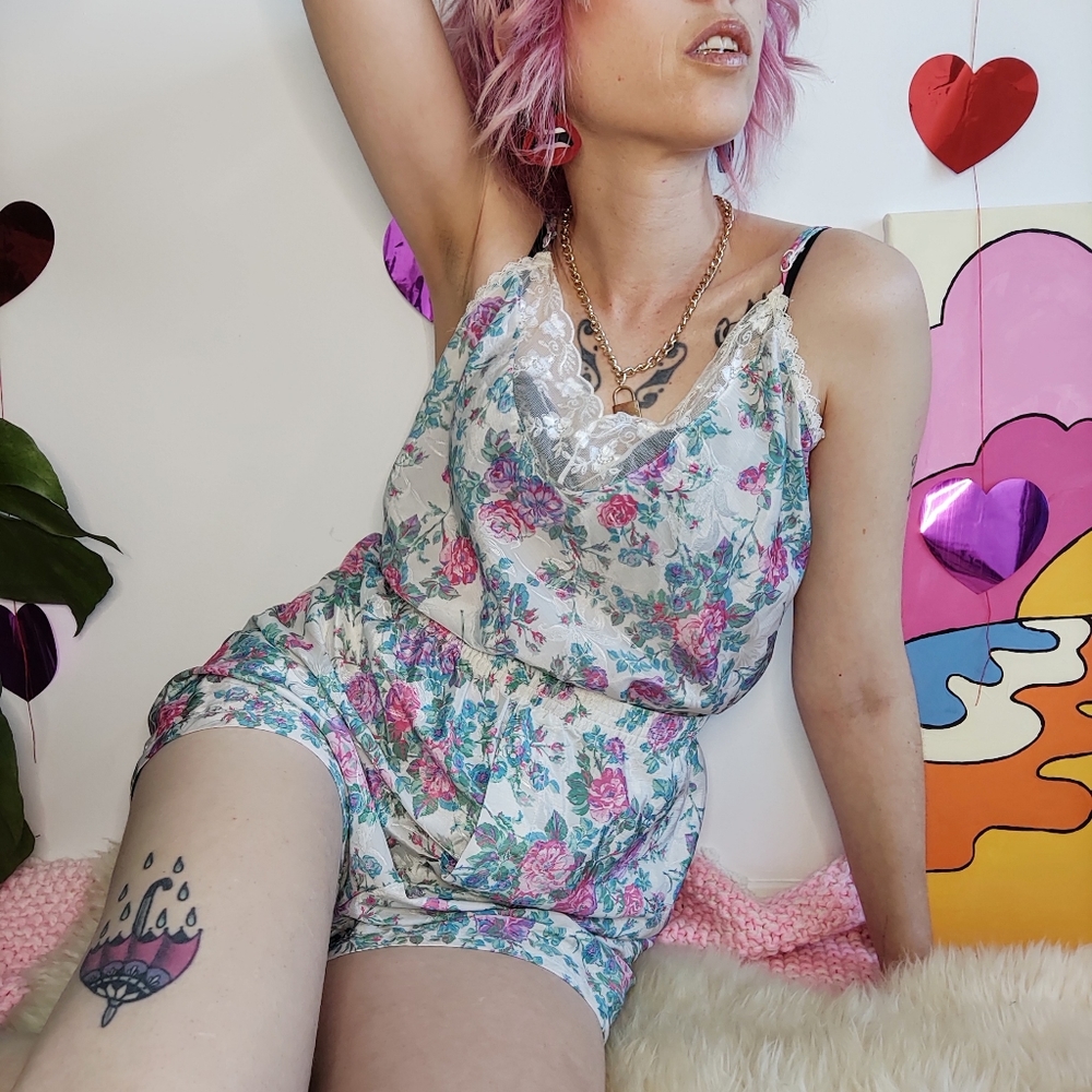 Vintage Floral Lace Romper - Pink and Blue